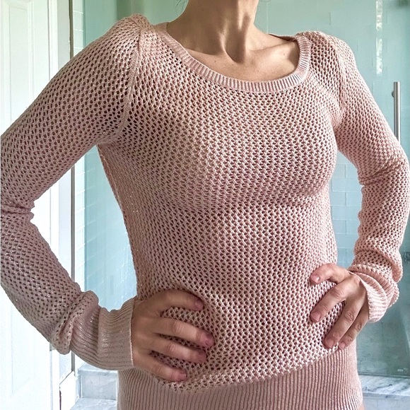 BCBG MaxAzria Metallic Dusty Pink Crochet Sweater - Picture 7 of 8